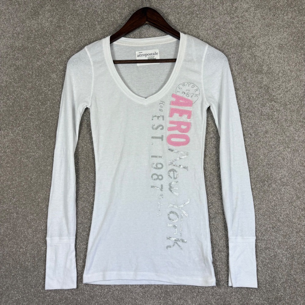 Aeropostale Womens White Thermal Long Sleeve V-Neck Graphic Top Size M